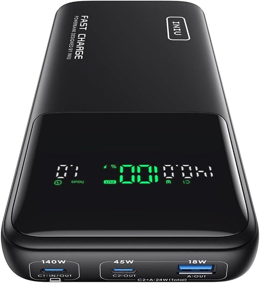 INIU 140W Power Bank, 27000mAh High Capacity Laptop Portable Charger, USB C in&Out Tablet Powerbank, Digital Display Phone Charger, Travel Charger Compatible with iPhone 17 16, iPad, MacBook, Laptop