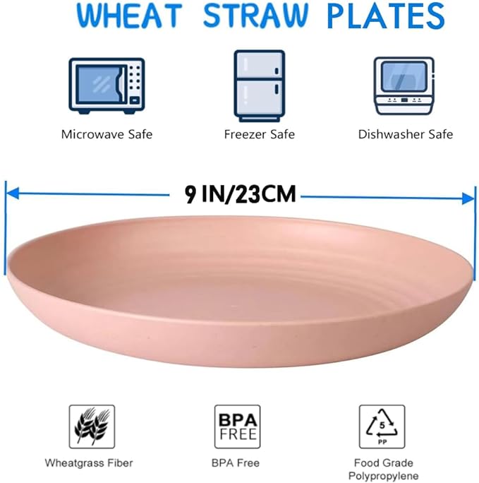 9 Inch Unbreakable Wheat Straw Plates - Reusable Plate Set - Dishwasher & Microwave Safe - Dinner Dishes Lightweight Plates Salad Kids Adult Plate for Kitchen Camping - BPA Free (Plate-9in)
