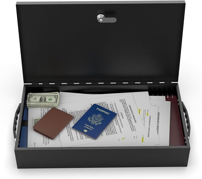 Fire Retardant Large Strong Box, Fits Legal Documents & More Flat, Steel Security Chest Lock Box, Fire Resistant to Safeguard Vitals, 0.43 Cubic Ft, 18" x 10" x 3.5" Interior, Black