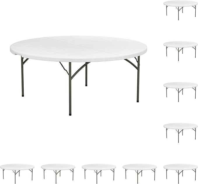 Commercial Round Folding Table - Heavy-Duty White Plastic for Parties, Banquets and Events - Perfect for Indoor/Outdoor Use (72 inches, 10 Units)