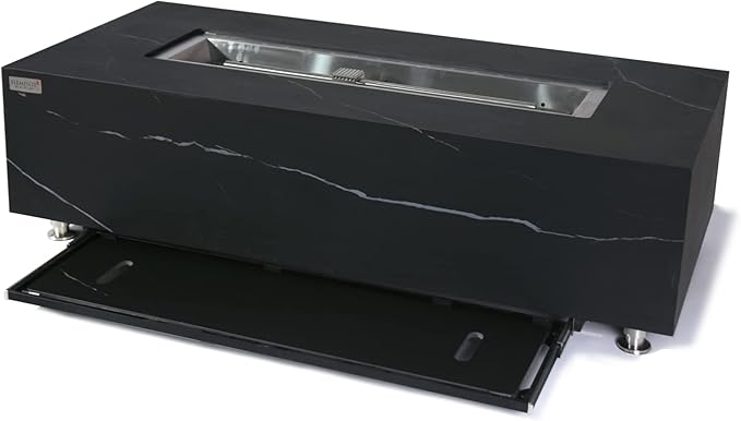 Elementi+ | Varna Gas Fire Pit | Marble Porcelain & Metal Frame | 60" Rectangular Fire Table | Electronic Ignition | Canvas Cover, Fire Glass & Burner Lid Included | Black | Propane Gas