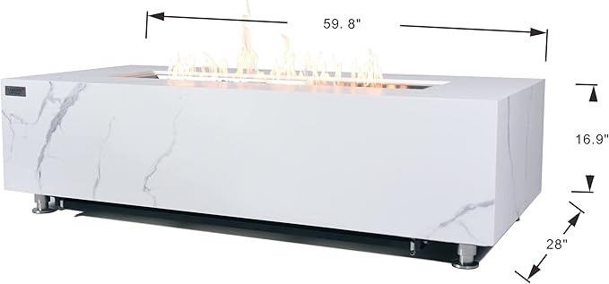 Elementi+ | Carrara Gas Fire Pit | Marble Porcelain & Metal Frame | 60" Rectangular Fire Table | Electronic Ignition | Canvas Cover, Fire Glass & Burner Lid Included | White | Natural Gas