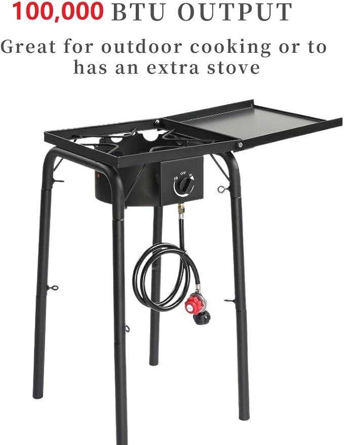 Bonnlo Single Burner Gas Stove Propane Stove, 100,000 BTU High Power Portable Outdoor Camp Cooker Stove with 20 PSI Regulator, Adjustable Height & Side Shelf for Backyard, Camping, Tailgating