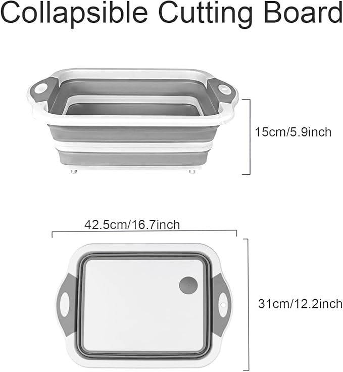 Camping Collapsible Cutting Board Dish Basin BBQ Prep Tub Camp Sink Dish Washing Station Multifunctional Storage Basket(Grey white)