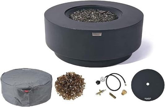 Elementi+ | Nimes Gas Fire Pit Cast Concrete 40" Dia. Round Fire Table, Outdoor Fire Pit Electronic Ignition | Canvas Cover, Fire Glass and Burner Lid Included | Dark Gray | Propane Gas