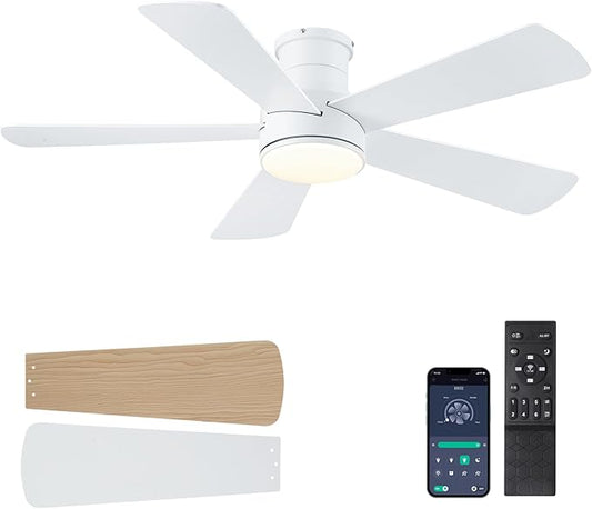 Ceiling Fans with Lights,46-Modern Low Profile Ceiling Fan with Remote Control,5 Dual-Sided Blades,Reversible DC Motor,White Flush Mount Ceiling Fan for Bedroom Indoor/Outdoor Use