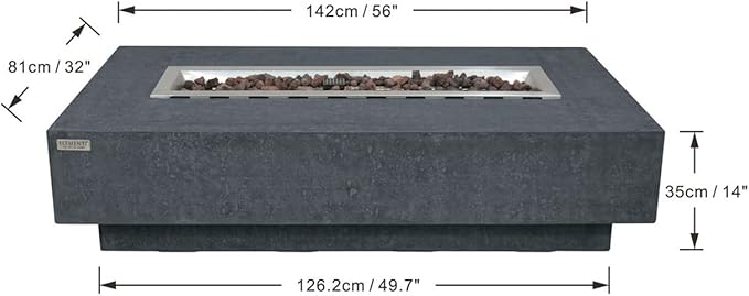 Elementi | Hampton Gas Fire Pit Cast Concrete 56" Rectangular Fire Table, Outdoor Fire Pit Electronic Ignition | Canvas Cover, Lava Rock Included | Dark Gray (Propane Gas)