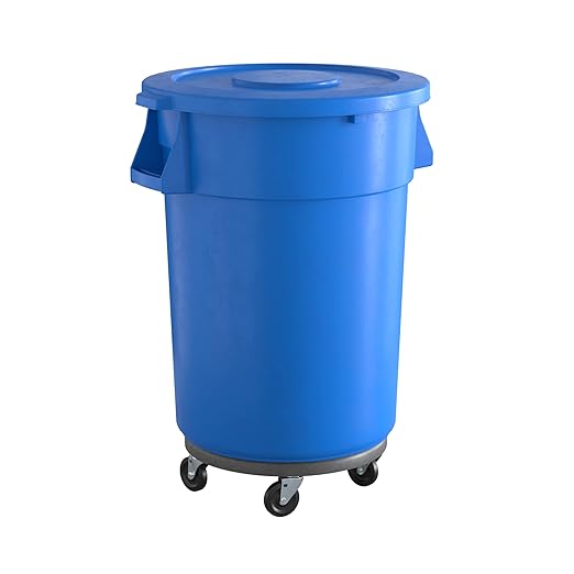 44 Gallon Blue Round Commercial Trash Can with Lid and Dolly