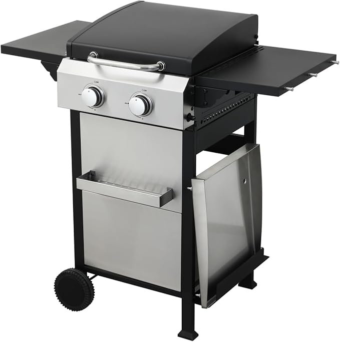 2-Burner Portable Propane Gas Grill with Stainless Steel Plancha Griddle - 24600 BTU Outdoor BBQ Grill with Foldable Side Shelves, Enamel Cooking Grids & Tool Hanging Basket