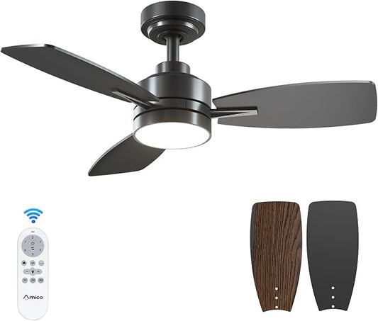 Amico Ceiling Fans with Lights, 36 inch Black Ceiling Fan with Light and Remote Control, Reversible, 3CCT, Dimmable, Noiseless, Small Ceiling Fan for Bedroom, Farmhouse, Indoor/Outdoor Use