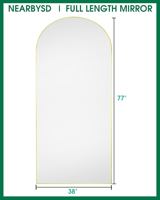 Arched Full Length Mirror77 x38 Full Body Floor Mirror Standing Hanging or Leaning Wall, Arch Wall Mirror with Stand Aluminum Alloy Frame for Bedroom Cloakroom Gold