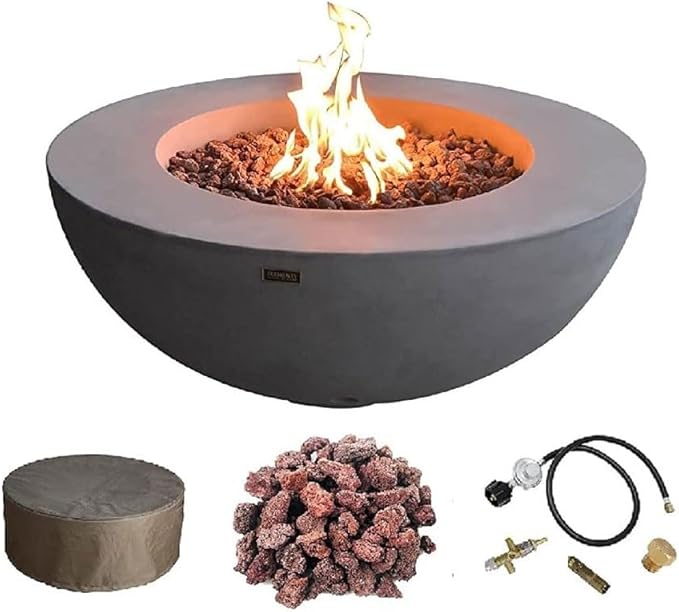 Elementi | Lunar Gas Fire Pit Cast Concrete 42" Round Fire Table, Outdoor Fire Pit Electronic Ignition | Canvas Cover, Lava Rock Included | Light Gray (Natural Gas)