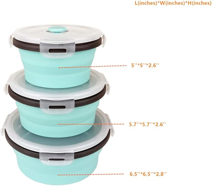 CARTINTS Blue Silicone Collapsible Food Storage Containers-Prep/Storage Bowls with Lids - Round Silicone Lunch Containers - Microwave and Freezer Safe Set of 3