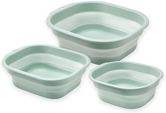 Collapsible Wash Basin Set of 3, Foldable Large Medium Small Wash Basins, Portable Plastic Basins for Laundry, Bottles, Travel, Camping (Green)