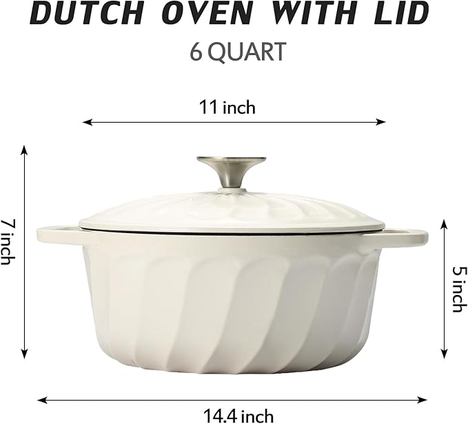 Enameled Cast Iron Dutch Oven with Lid, 6 QT Cast Iron Dutch Oven Pot, Dual Handles for Bread Baking, Cook, Bake, Oven Safe across All Cooktops (White,6 QT)