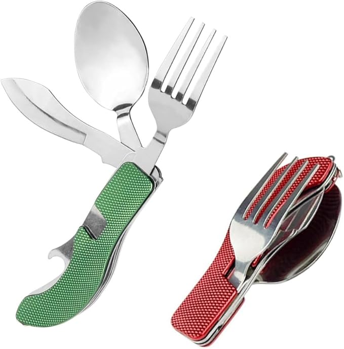 4-in-1 Portable Foldable Utensil Set Compact Knife Fork Spoon Bottle Opener Kit Stainless Steel Utensils for Camping Hiking Travel (Red + Green)