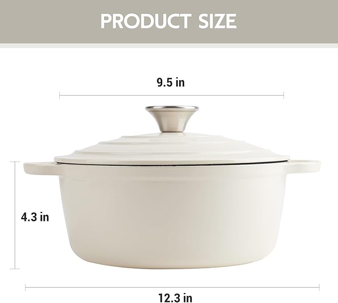 4.5 Quart Dutch Oven Enameled Cast Iron with Lid - Big Dual Handles - Oven Safe up to 500°F - Classic Round Pot for Versatile Cooking Cream