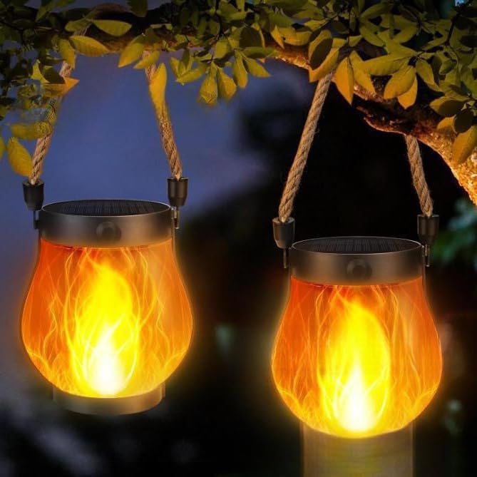 Solar Lantern Outdoor lamp - Waterproof Type Solar Flame lamp Can be Hung and Features Dancing Flames. Hemp Rope Suspended Flame Lantern, Dual Charging Mode, Smoke-Free (1PC)