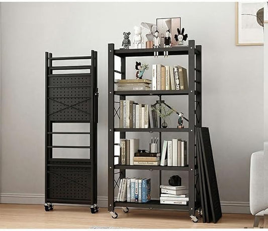 4-Tire Storage Rack, Height Adjustable, 32 * 13 * 61in Foldable Metal Garage Storage Shelves Organizer, Portable Metal Kitchen Shelving, Closet Shelving Unit Bakers Rack (Black 5 Shelfs)