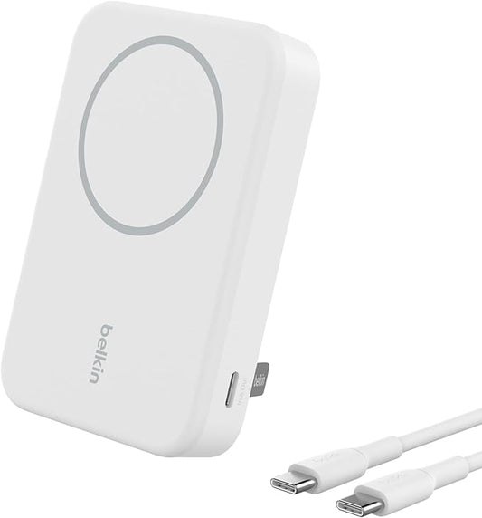 Belkin Portable Charger, Power Bank 10000 mAh w/ Qi2, iPhone Charger - MagSafe Charger w/Built-in Pop-up Kickstand for iPhone 17, Air, Pro, Pro Max, Google Pixel 10, etc. - White