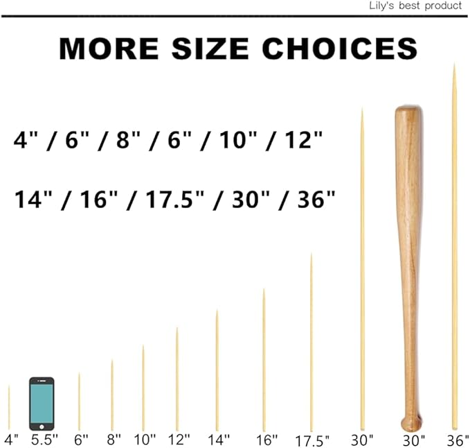 HOPELF 16" Natural Bamboo Skewers Sticks for BBQ，Kabob，Grilling，Barbecue，Kitchen，Roasting，Marshmallows，Plant Stakes，Crafting.Φ=4mm, More Size Choices 6"/8"/10"/12"/14"/30"(100 PCS)