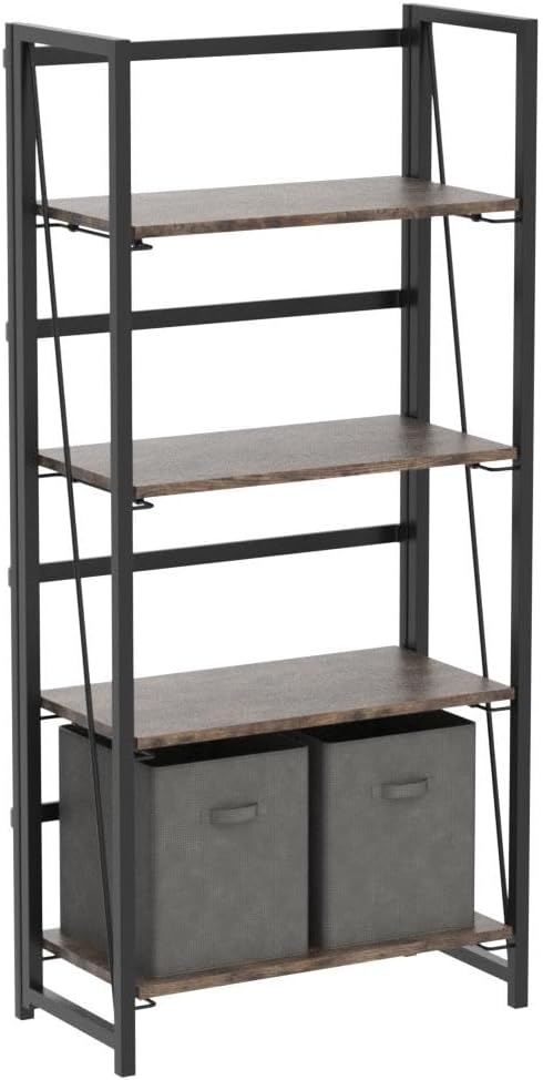 4NM No-Assembly Folding Bookshelf Storage Shelves 4 Tiers Vintage Bookcase Standing Racks Study Organizer Home Office (Rustic Brown Black)