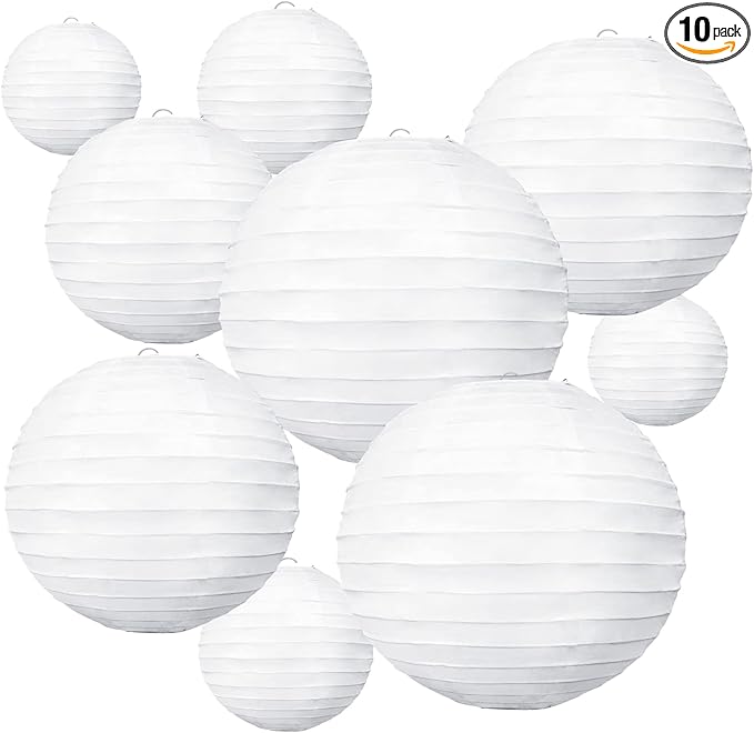 BEISHIDA 10Pcs White Paper Lanterns Decorative Chinese/Japanese Hanging Round Paper Lanterns Lamp for Birthday, Wedding, Christmas, Bridal, Home Decor, Party Decoration(Size of 4?? 6?? 8?? 10??