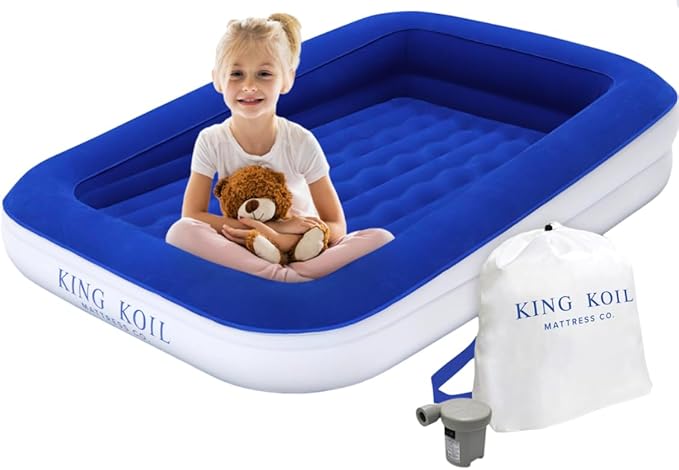 King Koil Luxury Toddler Inflatable Child Airbed, Travel Bed with Built-in Safety Bumper, Portable Air Mattress for Kids, Includes High-Speed Pump - Blue