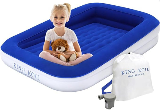 King Koil Luxury Toddler Inflatable Child Airbed, Travel Bed with Built-in Safety Bumper, Portable Air Mattress for Kids, Includes High-Speed Pump - Blue