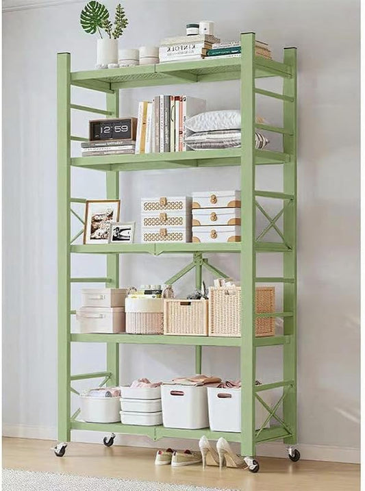 4-Tire Storage Rack, Height Adjustable, 32 * 13 * 61in Foldable Metal Garage Storage Shelves Organizer, Portable Metal Kitchen Shelving, Closet Shelving Unit Bakers Rack (Green 5 Shelfs)