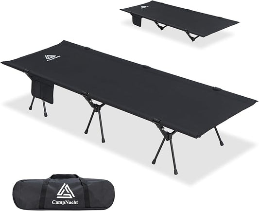 CAMPNACHT Ultralight Camping Cot with Leg Extenders, Aluminum Lightweight Folding Cot for Adults, Portable Backpacking Compact Tent Cot for Outdoor, Hiking, 1 Pack with 2 Use Modes, Black