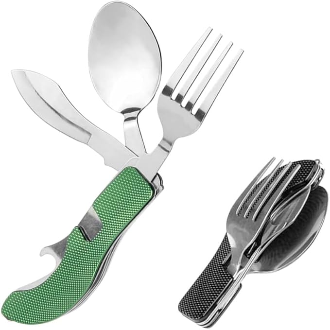 4-in-1 Portable Foldable Utensil Set Compact Knife Fork Spoon Bottle Opener Kit Stainless Steel Utensils for Camping Hiking Travel (Black + Green)