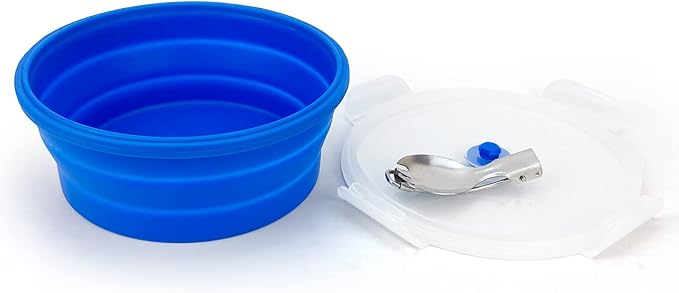 1200ml Large Collapsible Lunch Bowl With Lid, Camping Bowls with Foldable Spoon, Silicone Bento Box, For Meal Prep & Food Storage, Space Saving In Cabinet, Microwave Dishwasher Safe, Blue