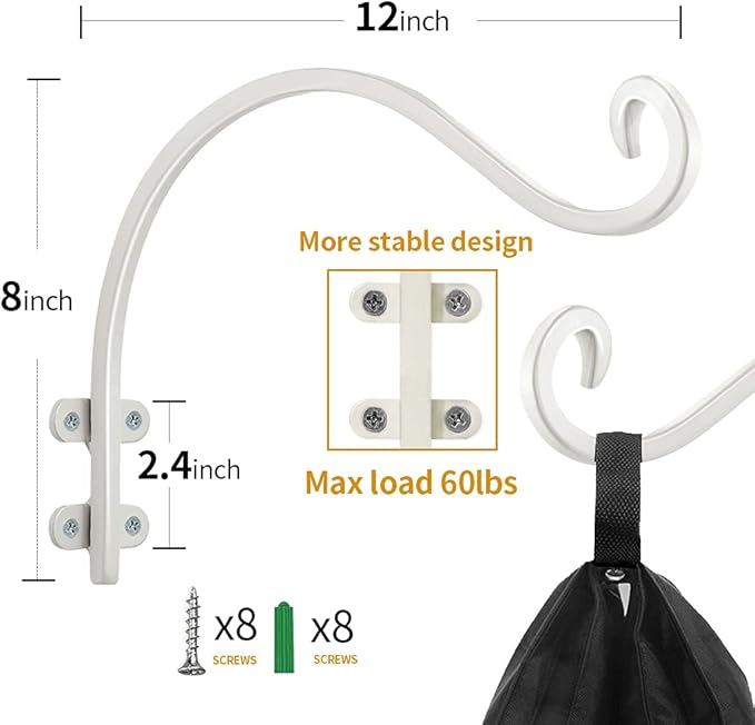 12 Inch Plant Hangers Outdoor 2 Pack White, Heavy Duty Plant Hanging Bracket Hook for Flowers Baskets Planter Pots Bird Feeder Lanterns Wind Chimes Outdoor Indoor