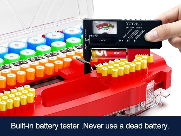 Battery Organizer Storage Holder Box Case with Tester, New Ultra-Large 285+Batteries Double-Sided Variety Pack, Holds AA AAA 4A C D Button Cell 9V 3V Lithium18650 CR2 CR123 CR1632 LR44 (Red)