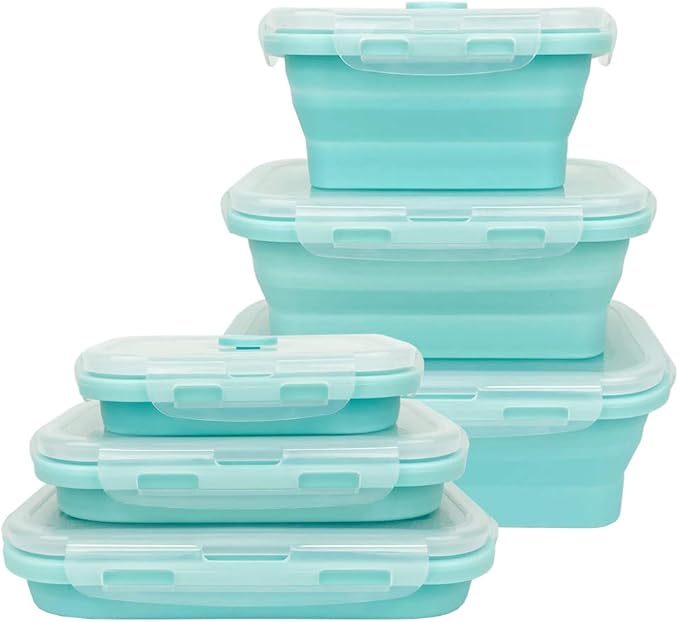 CARTINTS Silicone Collapsible Food Storage Containers-Prep/Storage Bowls with Lids - Set of 3 Square Silicone Lunch Containers - Microwave, Dishwasher and Freezer Safe (blue)