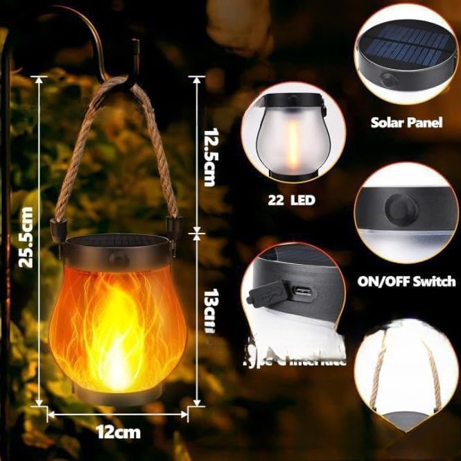 Solar Lantern Outdoor lamp - Waterproof Type Solar Flame lamp Can be Hung and Features Dancing Flames. Hemp Rope Suspended Flame Lantern, Dual Charging Mode, Smoke-Free (5PC)