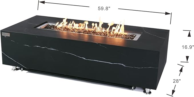 Elementi+ | Bundle Varna Gas Fire Pit | Marble Porcelain & Metal Frame | 60" Rectangular Fire Table | Electronic Ignition | Canvas Cover, Fire Glass & Burner Lid Included | Black | Natural Gas
