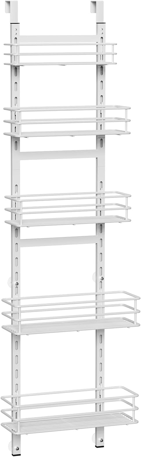 Adjustable 5-Tier Over the Door Pantry Organizer, Spice Rack, Narrow Hanging Shelf for Kitchen Storage and Organization (White)