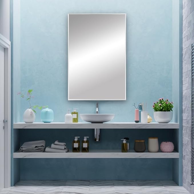 Frame My Mirror Silver Metal Framed Mirror, 32" x 48" Mirror for Bathroom, Metal Frame, True Reflections Glass, Chrome Finish, Stanton Design, Hangs Horizontally or Vertically, Made in USA