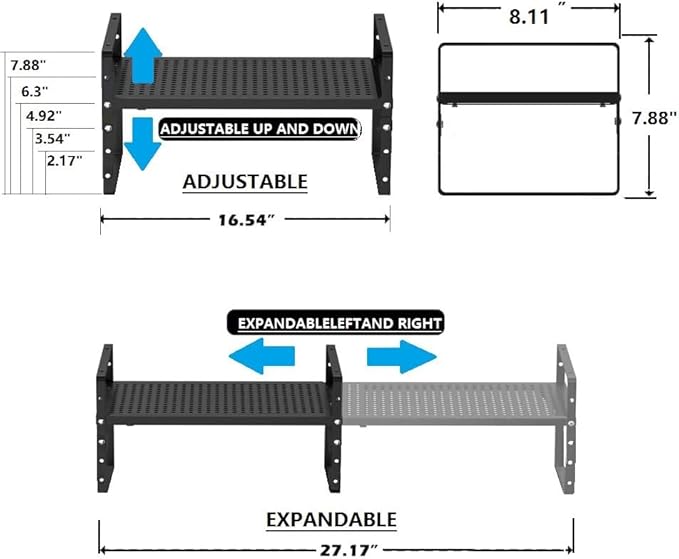 Expandable Spice Rack, Stackable Metal Pantry Storage Shelves Stand, Adjustable Height Cabinet Shelf Organizer Racks(1PACK/Black,Medium)