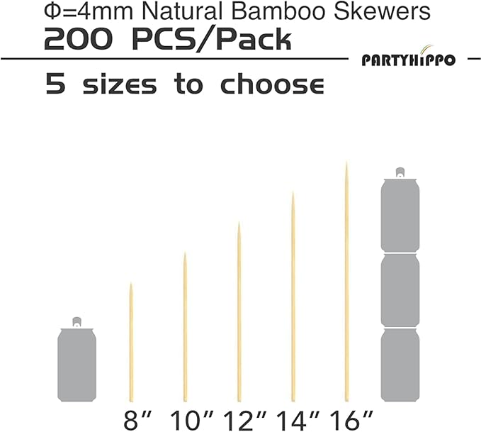 Natural Bamboo Skewers 12” Φ=4mm, (200 PCS) for BBQ，Appetiser，Fruit，Cocktail，Kabob，Chocolate Fountain，Grilling，Barbecue，Kitchen，Crafting and Party. More Size Choices /8"/10"/12"/14"/16"(12")