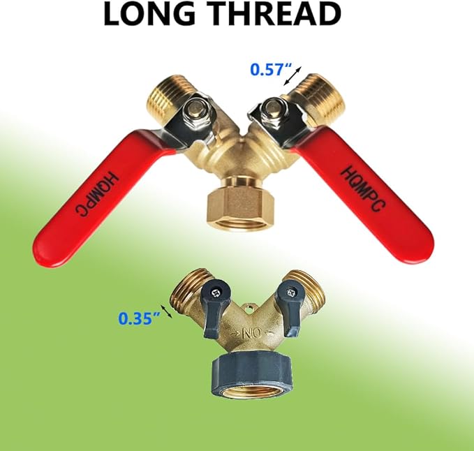 HQMPC Garden Hose Y Valve Hose Splitter Brass Hose Splitter With Stainless Steel Long Handle Brass Y Valve Water Garden Hose Adapter 2 Way Y Valve 3/4" GHT Thread