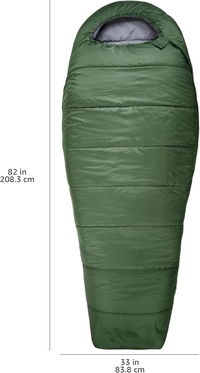 Amazon Basics 20°F Cold Weather Mummy Sleeping Bag, 82 Inches x 33 Inches, Olive Green