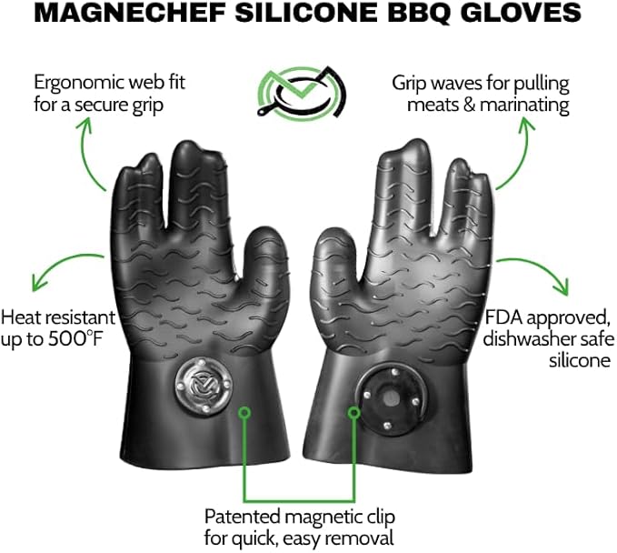 Magnetic BBQ Grill Gloves – Heat Resistant, Patented Magnetic Safety Clip Easy On & Off, Firefighter-Designed, Dishwasher-Safe, Waterproof, Perfect for Grilling, Smoking, Frying, Baking