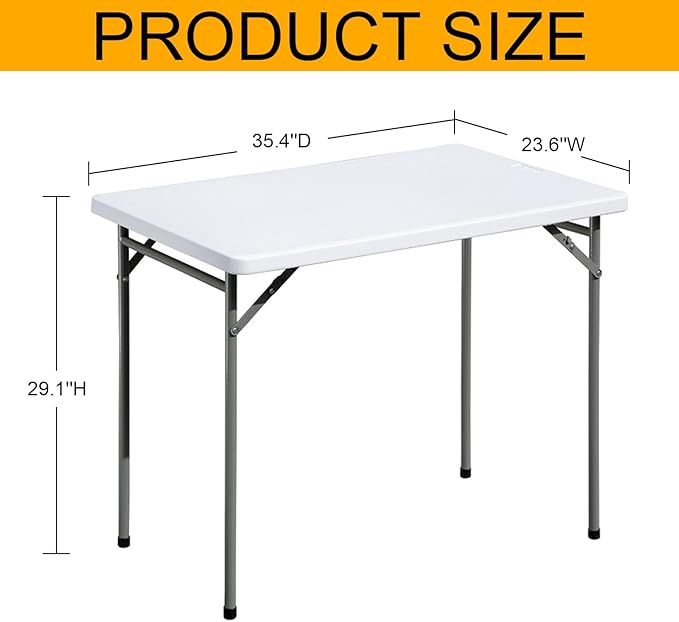 Folding Table 3ft Rectangular All-Occasion Plastic Folding Event Table for Indoor and Outdoor, Portable Desk, Camping, Durable and Stable, HDPE and Steel, Wide Application, White
