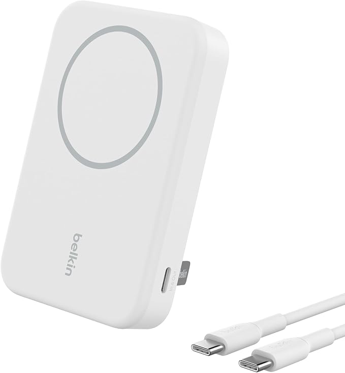 Belkin Portable Charger, Wireless Power Bank 15W 8000 mAh w/ Qi2 - MagSafe Charger w/Built-in Pop-up Kickstand - Compatible w/iPhone 17, Air, Pro, Pro Max, Google Pixel 10, etc. - White