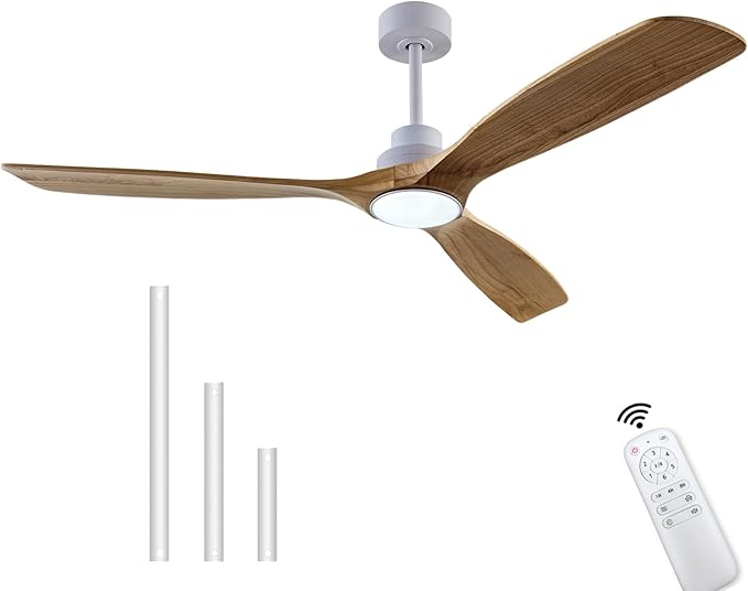 60" Wood Ceiling Fan with Lights Remote Control,Quiet DC Motor 3 Blade Ceiling Fans for Patio Living Room, Bedroom, Office,Indoor Outdoor(Raw wood+White)