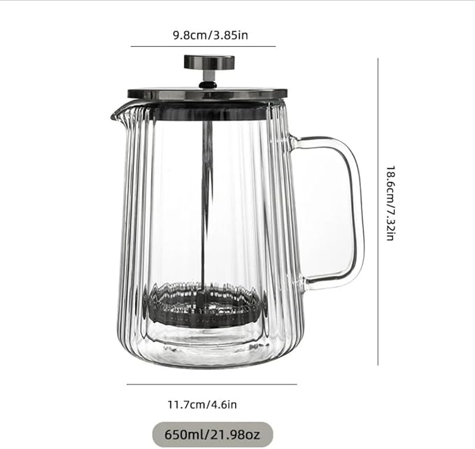 French Press Coffee Maker – 650ml (22oz) | Double-Wall Borosilicate Glass - Makes 4–5 Cups (1Cup = 4oz or 118ml) | Ribbed Manual Brewer with Stainless Steel Mesh Filter for Coffee & Tea