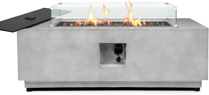 42" Rectangular Propane Fire Pit – 50,000 BTU Concrete Fire Pit with Glass Wind Guard – Outdoor Firepits – Gas Fireplace for Deck or Patio